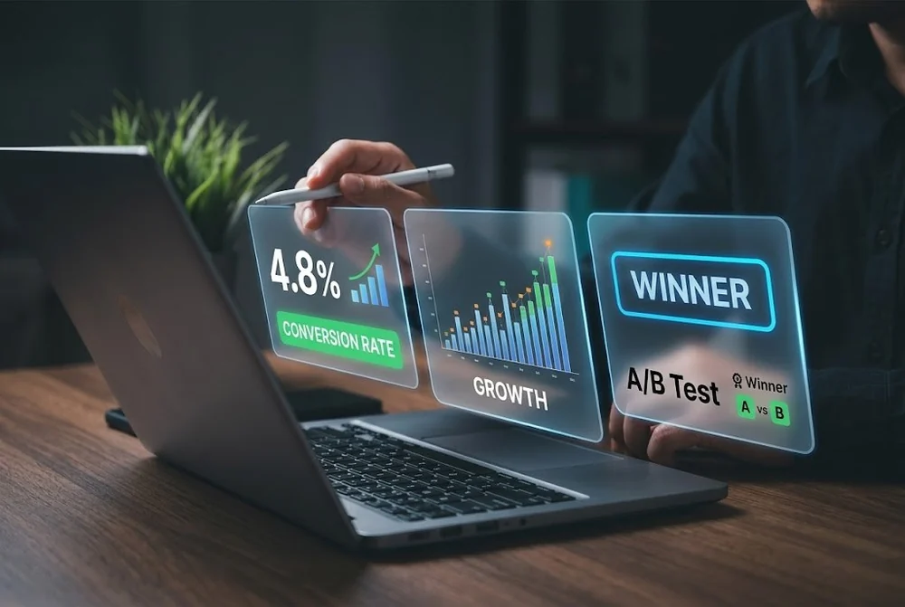 Conversion rate optimization dashboard showing a 4.8% conversion rate, growth chart and a winning A/B test