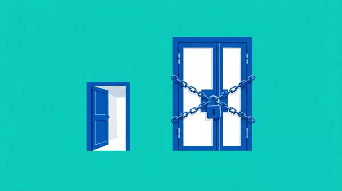 Slate blue illustration of a small open white door standing beside a much larger steel door chained and padlocked shut.