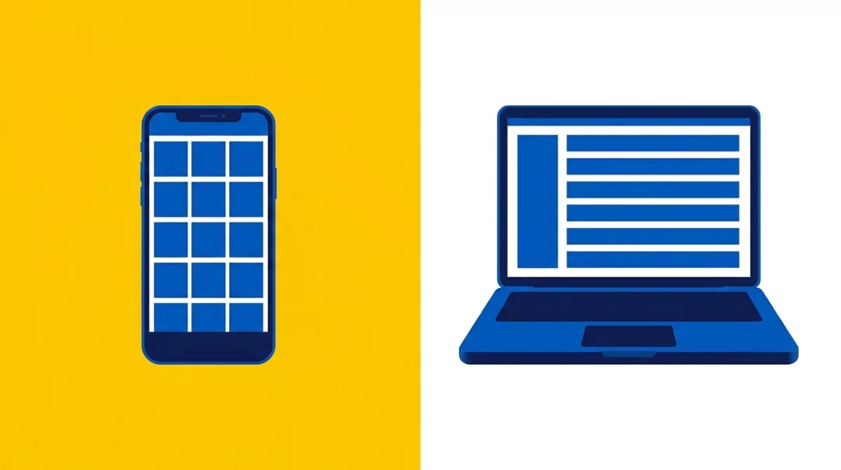 Illustration of a phone showing a grid of blank photo tiles beside a laptop showing a list of search results.