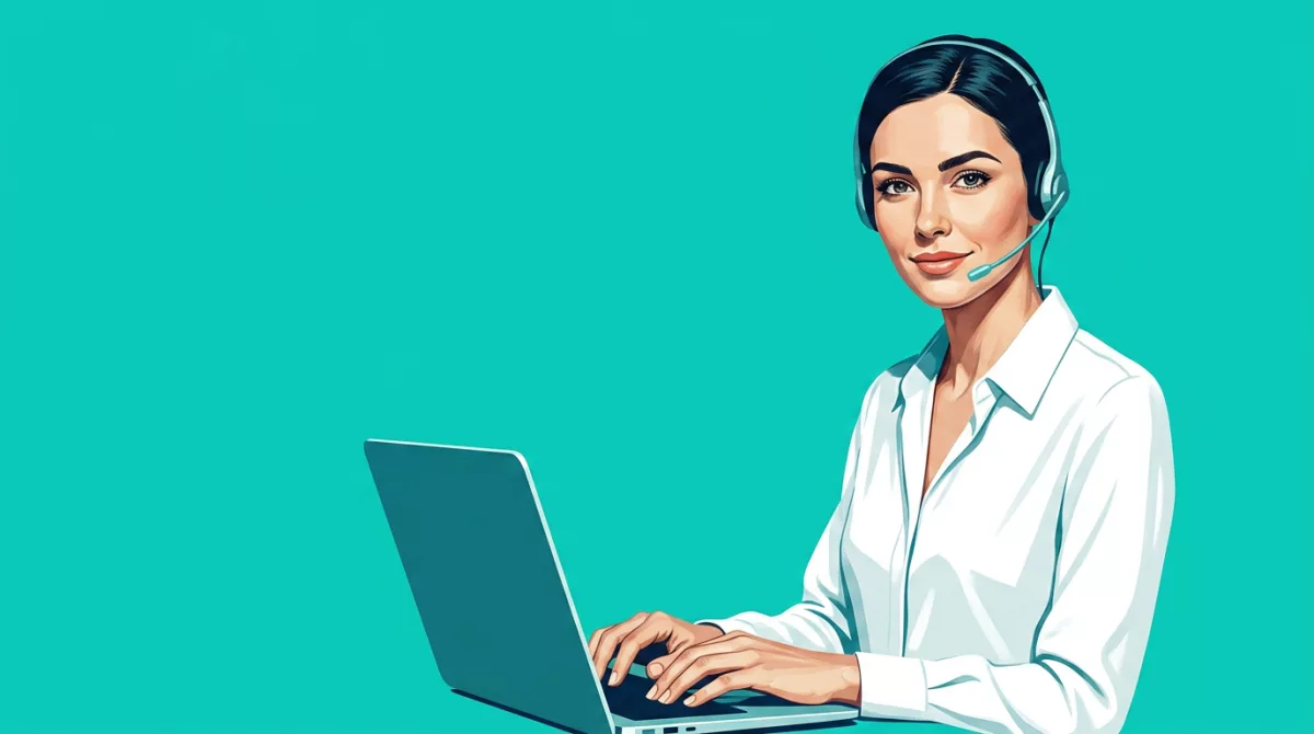 Green illustration of a woman wearing a headset working at a laptop, looking directly at the viewer.