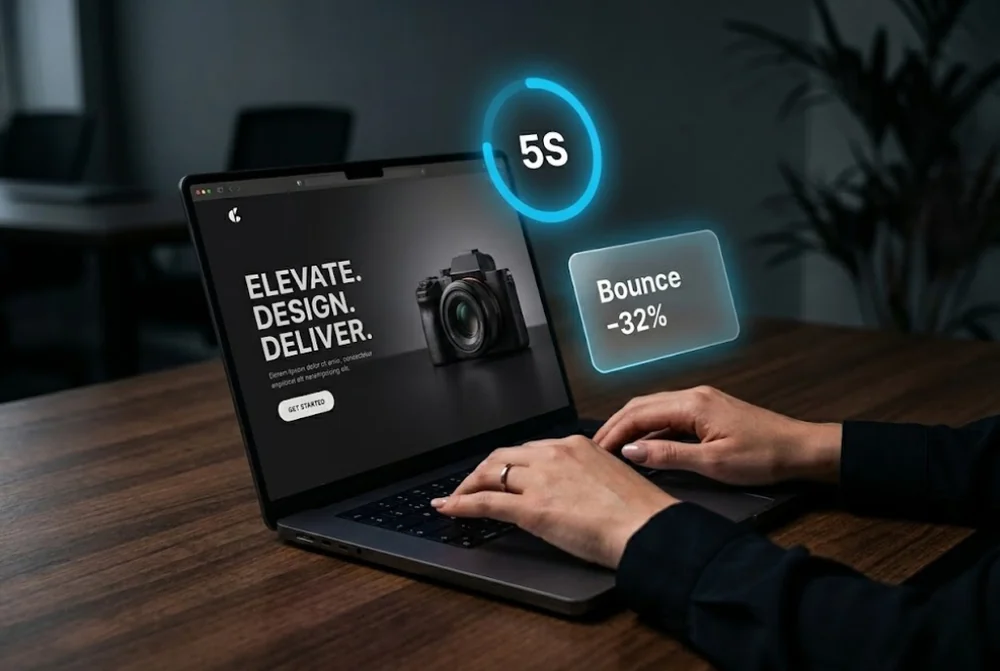 A website homepage hero on a laptop with a five-second timer and a reduced bounce rate