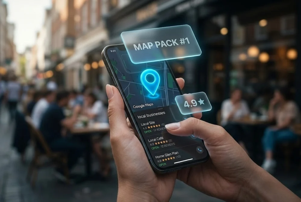 Local SEO on a phone showing a Google map pack result ranked number one