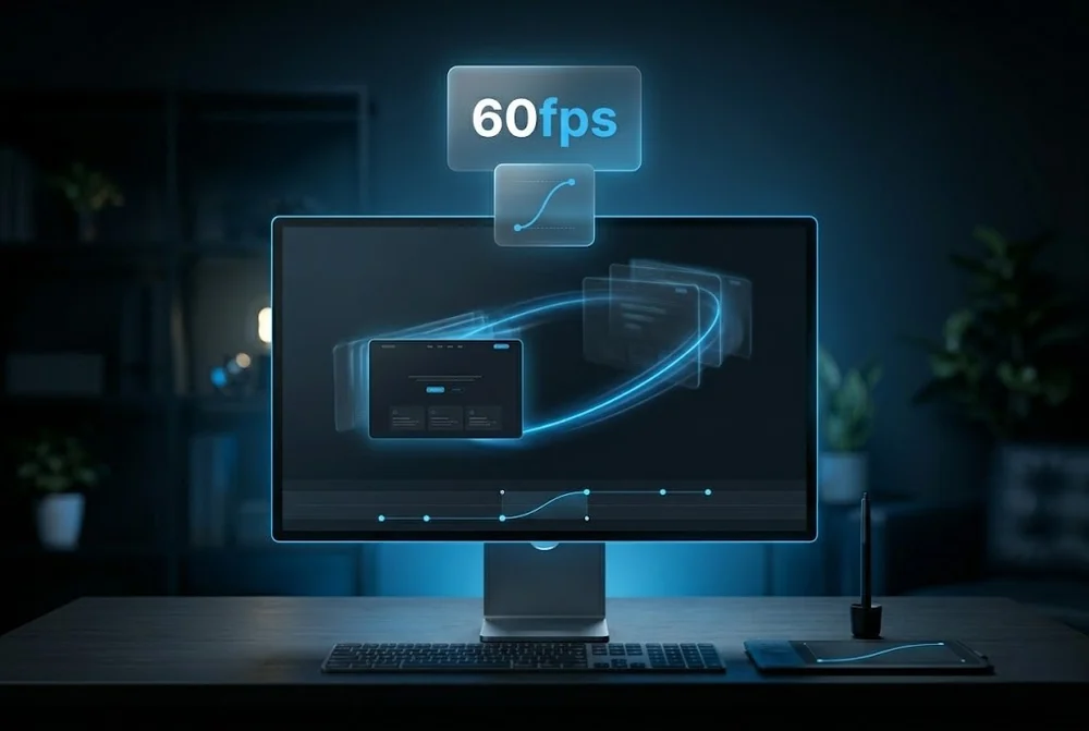 A web animation timeline showing a UI element in motion at 60 frames per second