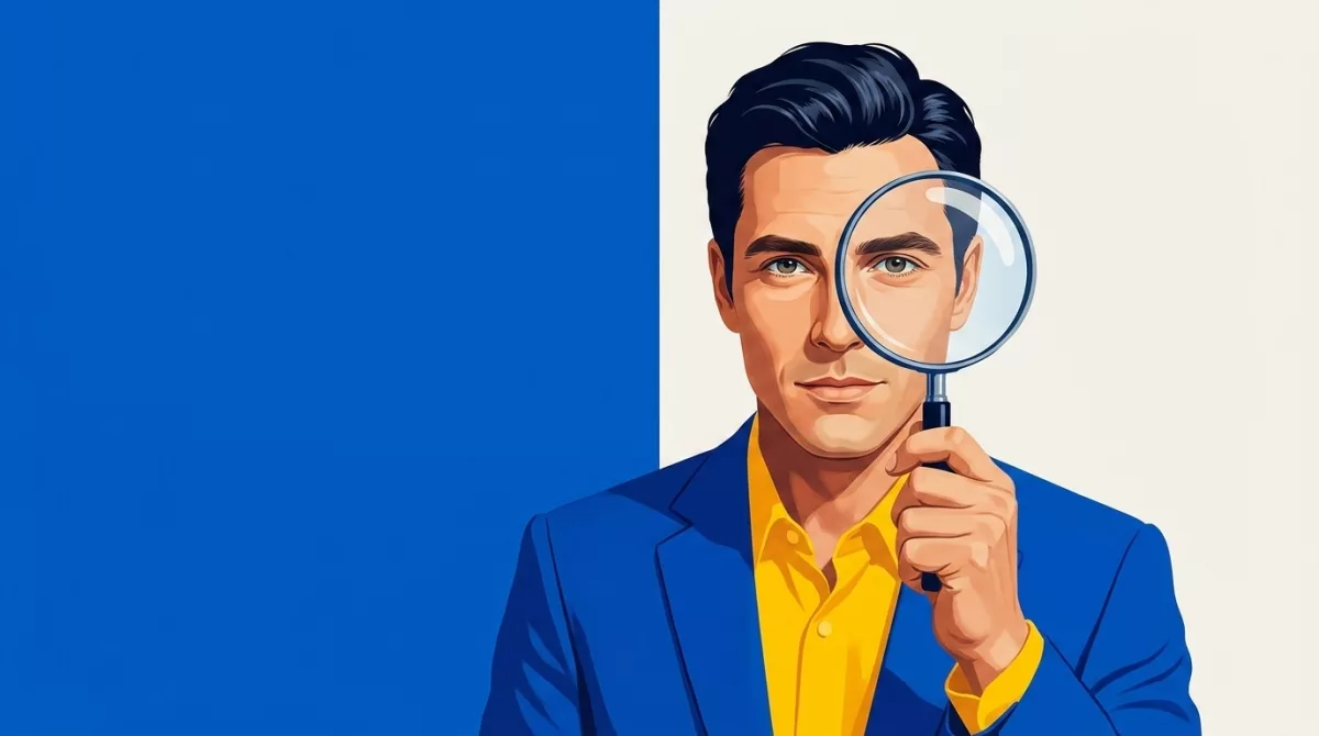 Illustration of a man in a blue jacket studying two printed documents through a magnifying glass.