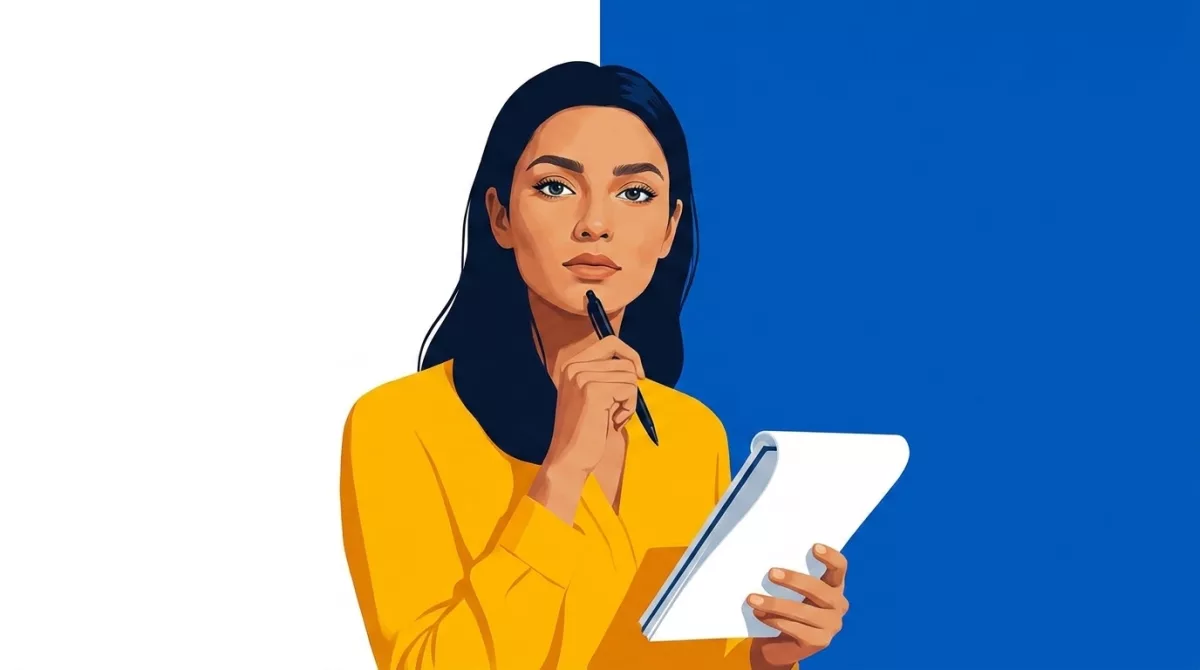 Illustration of a woman in a navy shirt holding a pen against her chin with an open notepad, thinking.