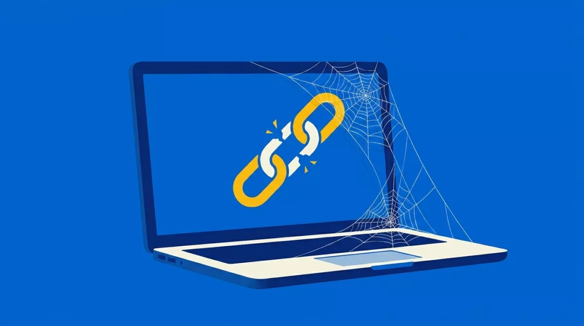 Teal illustration of a neglected half-closed laptop with a spider web strung across it and a cracked chain symbol on the lid.