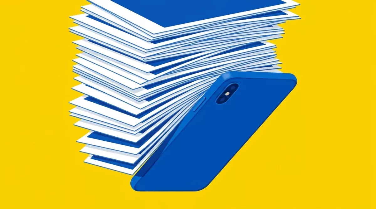 Blue illustration of a phone buckling under a tall stack of oversized photo prints.