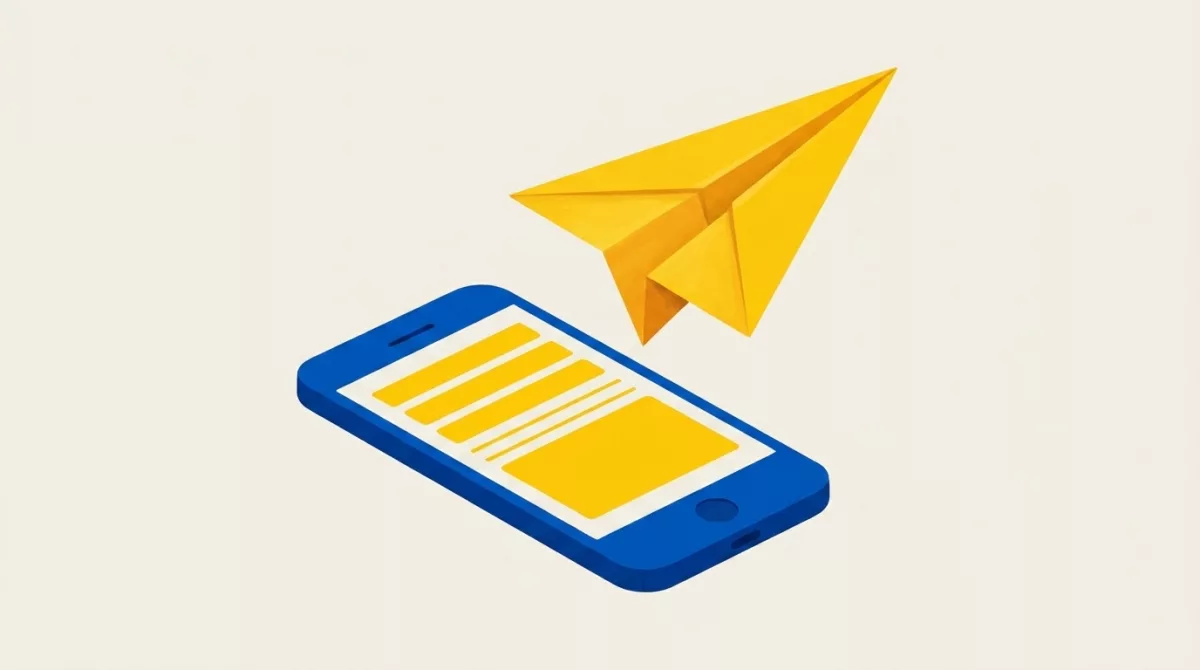 Cream illustration of a blue paper plane flying away from a phone that shows a blank contact form.