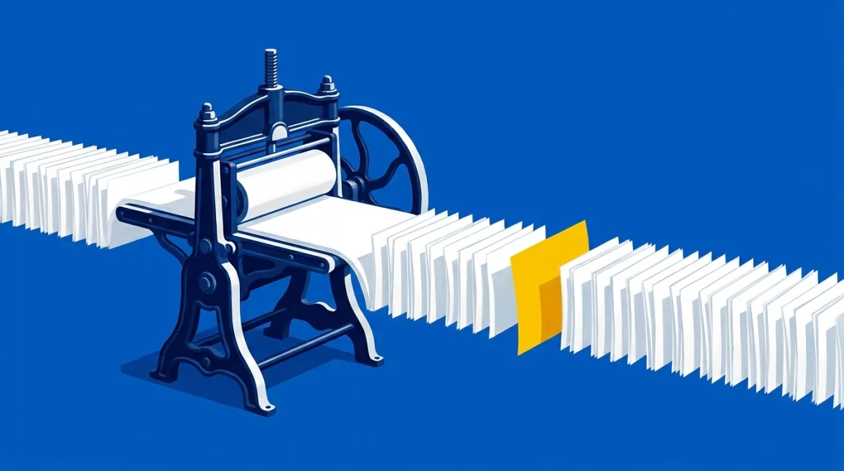 Pale blue illustration of an old printing press turning out a long row of identical cream sheets, with one printed bright red.