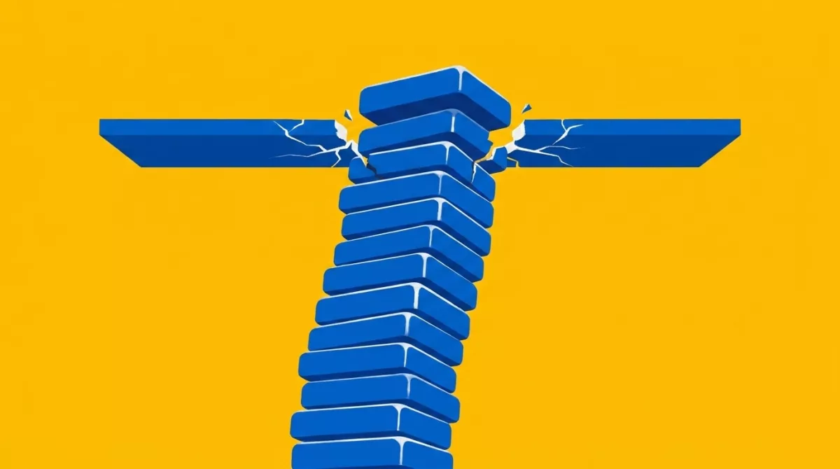 Yellow illustration of a stack of blue and white blocks growing up through a wooden shelf and cracking it.