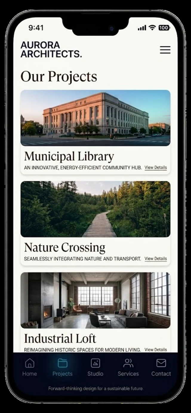 Aurora Architects projects list on a phone