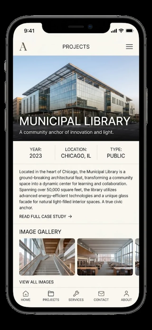 Aurora Architects Municipal Library project detail on mobile