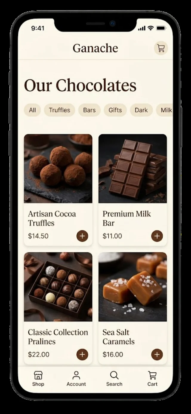 Ganache chocolate catalog screen on a phone