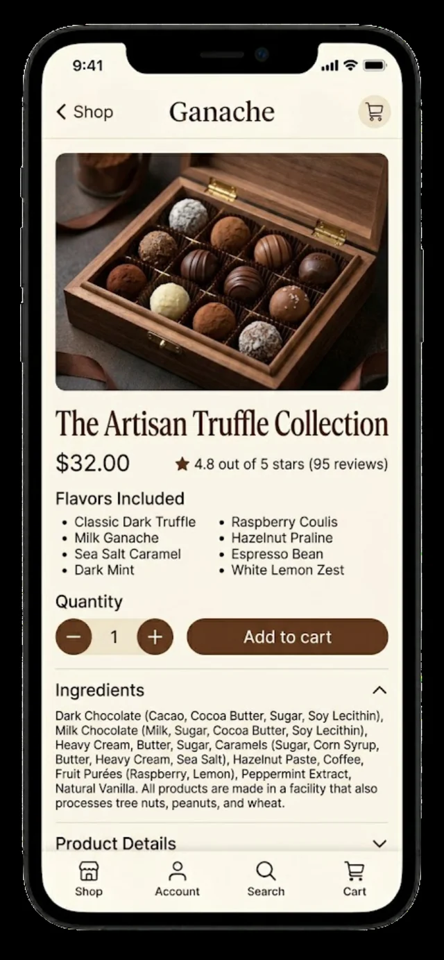Ganache Artisan Truffle Collection product page on mobile