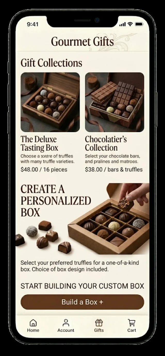 Ganache gourmet gifts and build-a-box on mobile