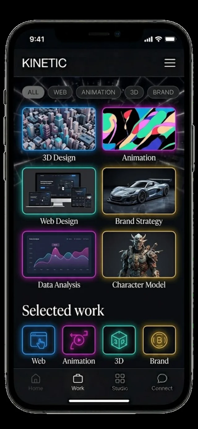 Kinetic work portfolio grid on mobile