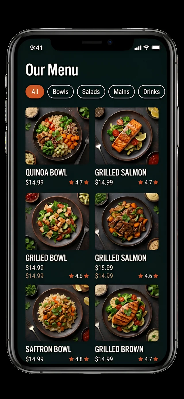 Saffron menu screen with a grid of dishes