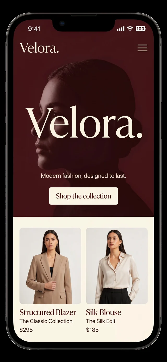 Velora homepage on mobile with Shop the collection hero