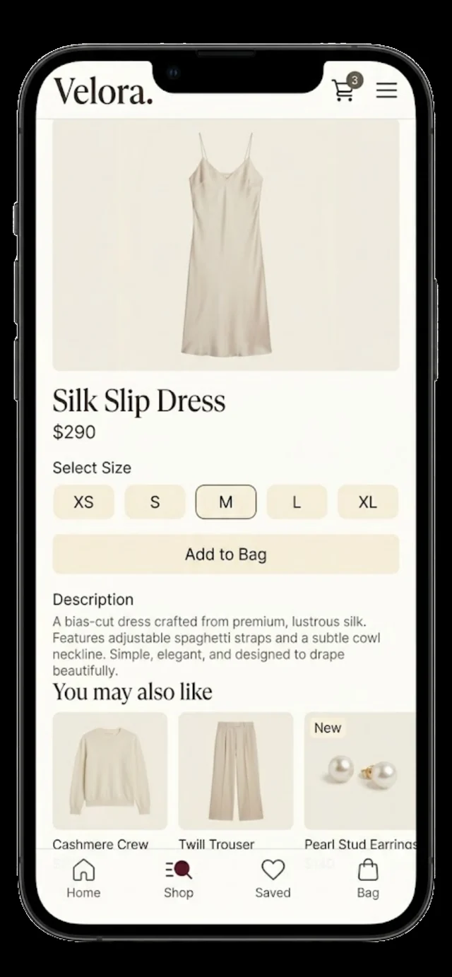 Velora Silk Slip Dress product page on mobile