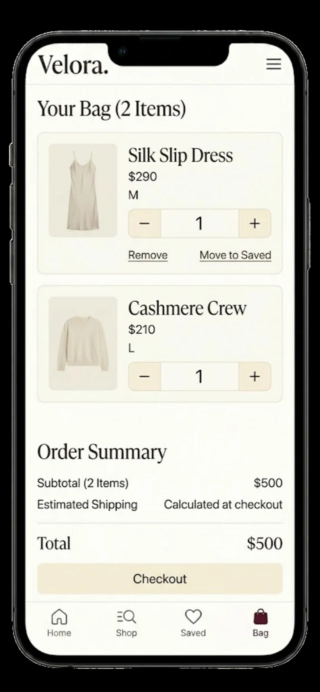 Velora shopping bag and order summary on a phone