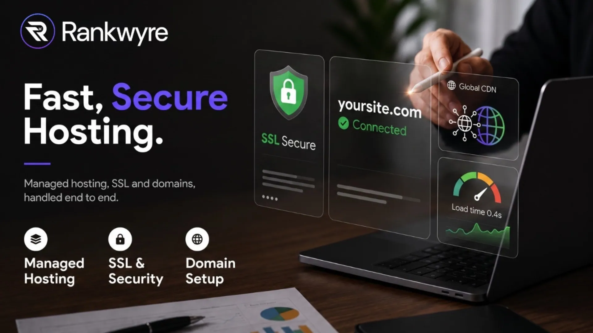 Managed hosting dashboard with SSL security, a connected domain and global CDN